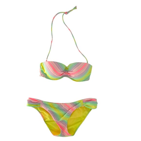 Victoria's Secret Bikini Set Pastel Rainbow Stripes Multicolor Yellow 36C Large - Picture 1 of 16